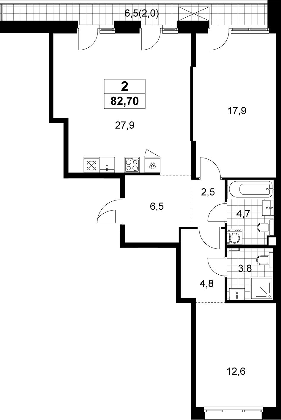 3-комн., 80.7 м², 2/8 этаж, ЖК «Дзен-кварталы»