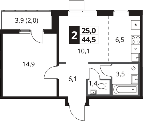 2-комн., 42.5 м², 24/25 этаж, ЖК «1-й Южный»