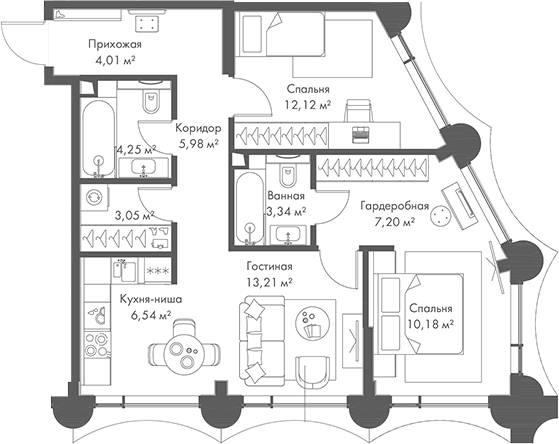 3-комн., 69.88 м², 10/17 этаж, ЖК «МИРА»