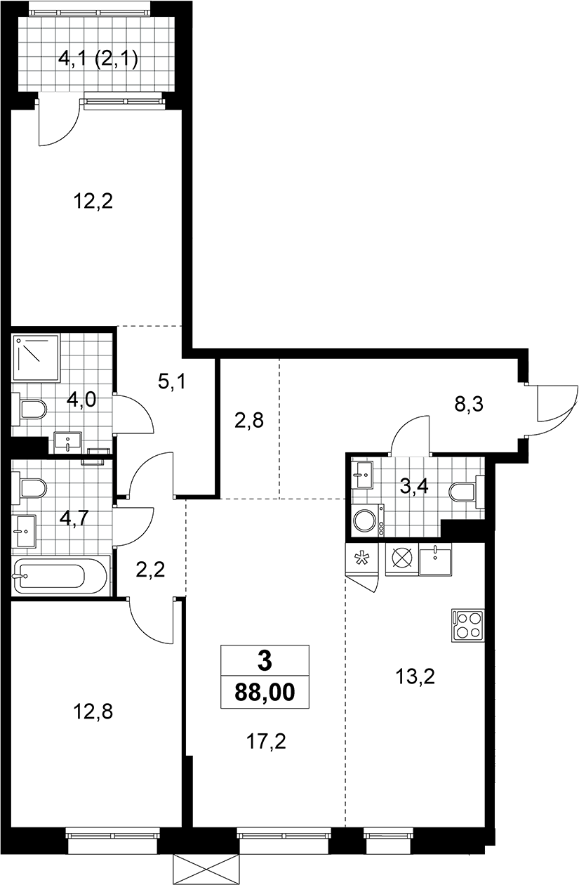 3-комн., 85.9 м², 5/8 этаж, ЖК «Дзен-кварталы»