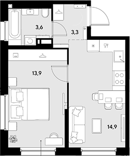 1-комн., 35.7 м², 14/18 этаж, ЖК «Грейд»