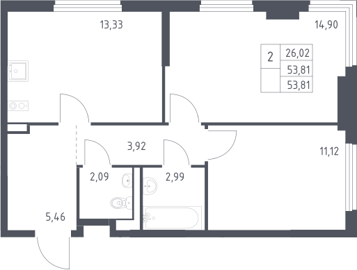 2-комн., 53.81 м², 16/17 этаж, ЖК «Пригород Лесное»