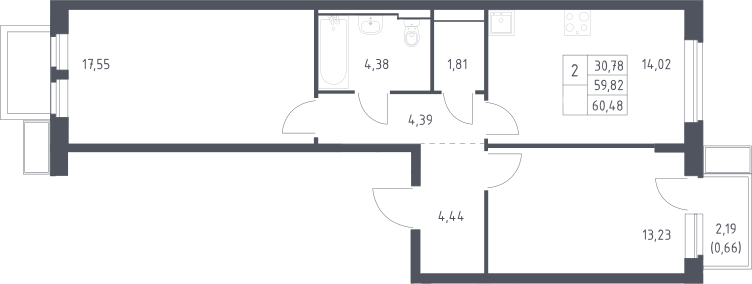 2-комн., 59.82 м², 12/17 этаж, ЖК «Новое Видное»