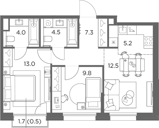 3-комн., 56.3 м², 6/6 этаж, ЖК «Станиславский»