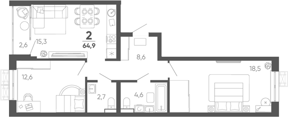 2-комн. квартира, 62.3 м² в ЖК Барса — фото 2