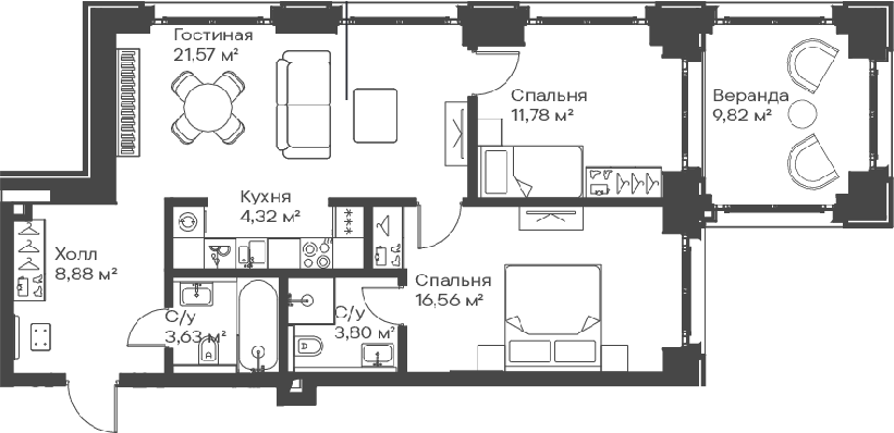 3-комн., 70.54 м², 9/15 этаж, ЖК «Сити Бэй»