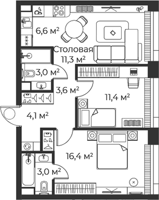 3-комн., 59.3 м², 36/38 этаж, ЖК «Веер»