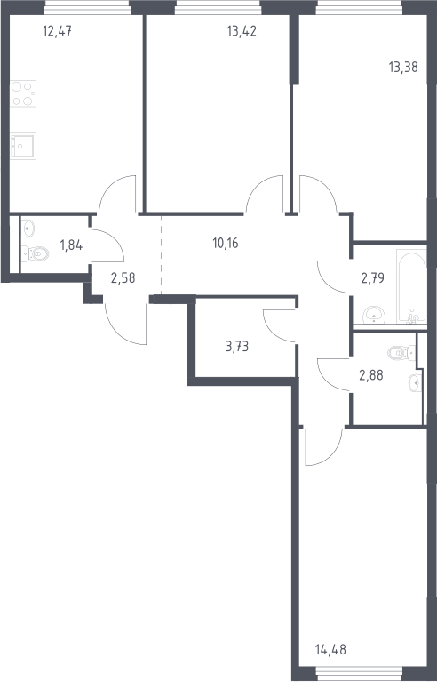 3-комн., 77.73 м², 13/17 этаж, ЖК «Пригород Лесное»
