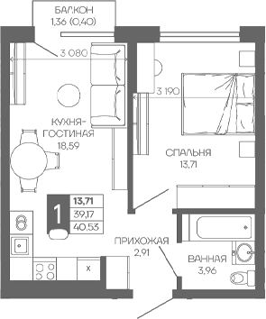 1-комн. квартира, 39.17 м² в ЖК Иначе в Молодежном — фото 2