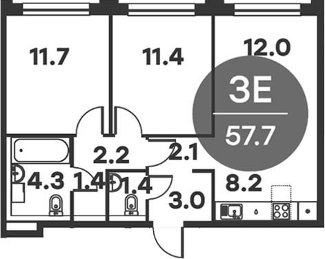 3-комн., 57.7 м², 6/6 этаж, ЖК «Равновесие»
