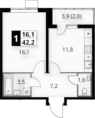 1-комн., 40.2 м², 19/25 этаж, ЖК «1-й Южный»