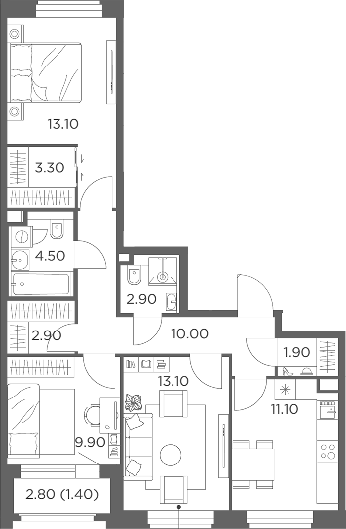 3-комн., 75.8 м², 18/20 этаж, ЖК «Белый Град»