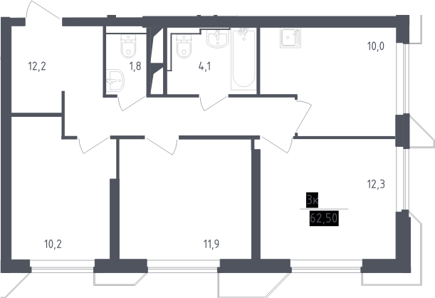 3-комн., 62.5 м², 5/30 этаж, ЖК «Скай Спутник»