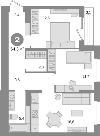 2-комн., 62.2 м², 8/9 этаж, ЖК «Первый квартал. Вторая очередь»