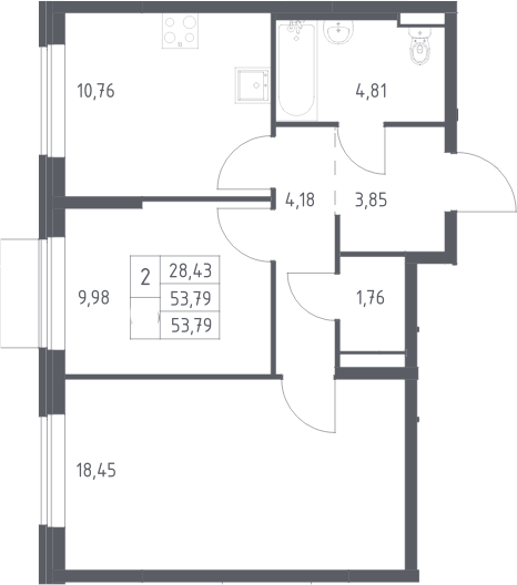 2-комн., 53.79 м², 14/24 этаж, ЖК «Квартал Авиаторов»