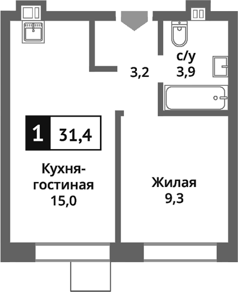 2-комн., 31.4 м², 6/9 этаж, ЖК «Никольский квартал Отрада»
