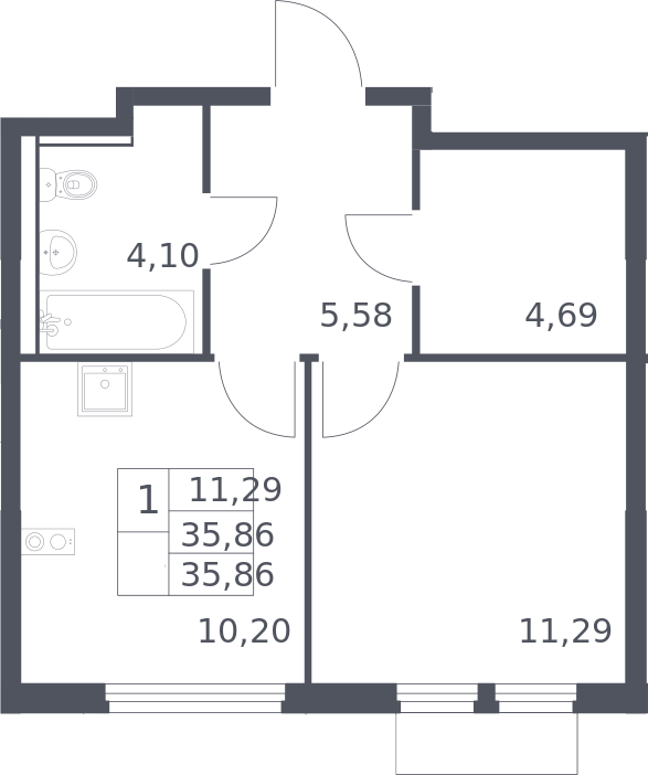 1-комн., 35.86 м², 15/15 этаж, ЖК «Пригород Лесное»