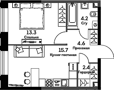 2-комн., 40.2 м², 12/33 этаж, ЖК «ЭРА»