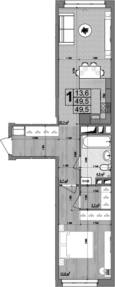 2-комн., 49.5 м², 5/18 этаж, ЖК «Гранд Комфорт»