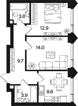 2-комн., 54.1 м², 31/44 этаж, ЖК «РАКУРС»