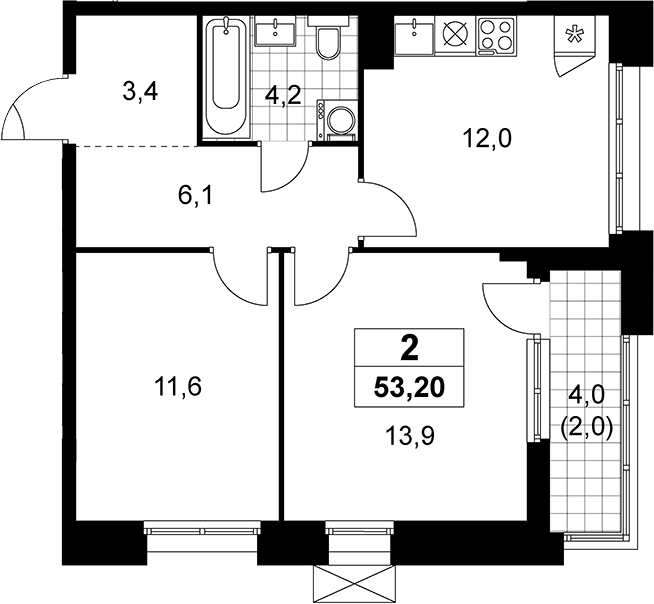 2-комн., 51.2 м², 11/19 этаж, ЖК «Прокшино»