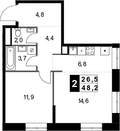 2-комн., 48.2 м², 27/32 этаж, ЖК «1-й Измайловский»