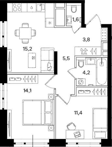 2-комн., 55.8 м², 8/24 этаж, ЖК «Мангазея на Речном»