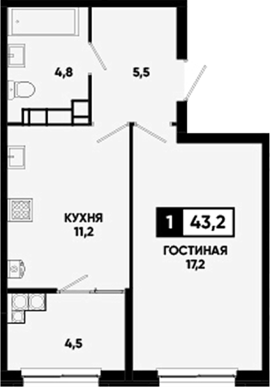 1-комн., 38.7 м², 13/16 этаж, ЖК «Кварталы 17/77»