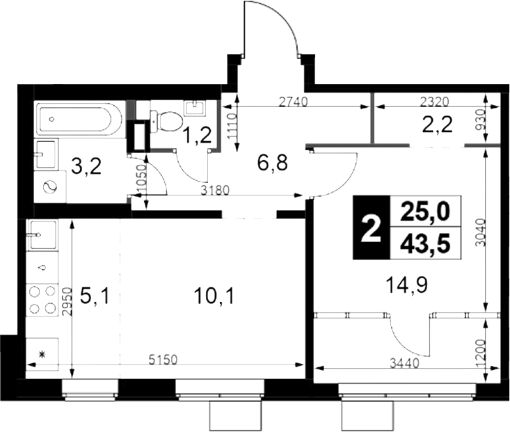 2-комн., 43.5 м², 8/17 этаж, ЖК «1-й Химкинский»