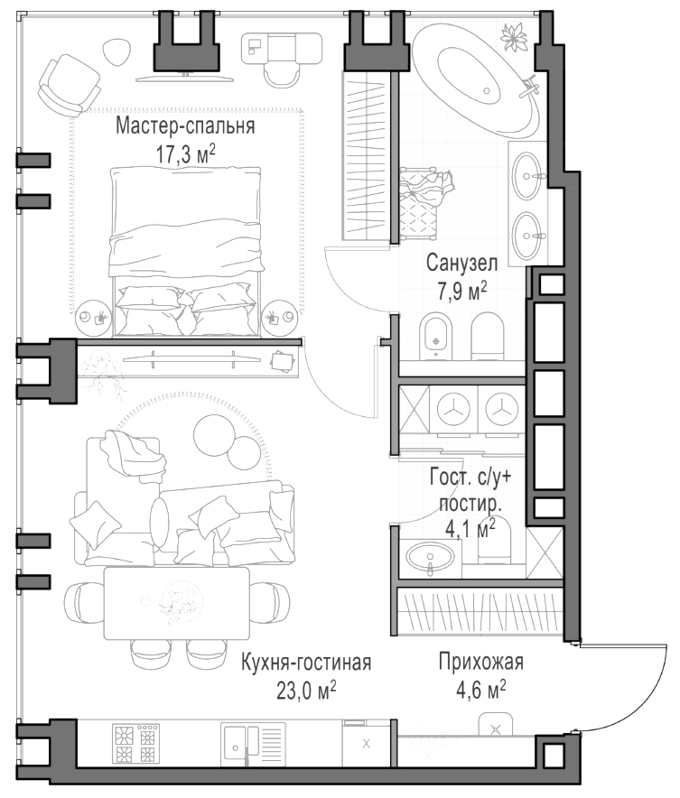 2-комн., 57.4 м², 20/23 этаж, ЖК «Квартал Life Time»