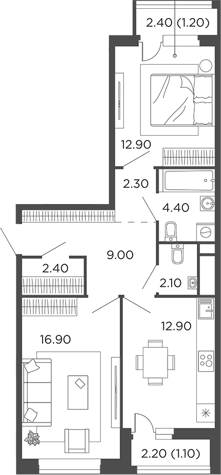 2-комн., 62.9 м², 11/12 этаж, ЖК «Филатов Луг»