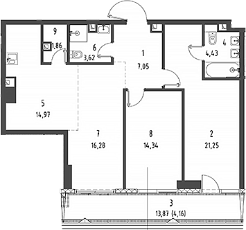 3-комн., 85.17 м², 3/57 этаж, ЖК «Джойс»