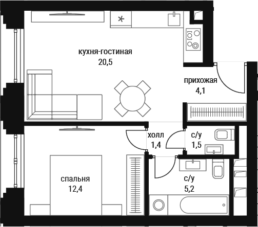 2-комн., 45.1 м², 24/36 этаж, ЖК «Шелепиха»