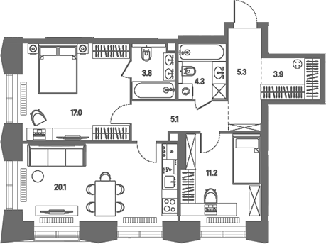3-комн., 70.7 м², 17/39 этаж, ЖК «КОД Сокольники»