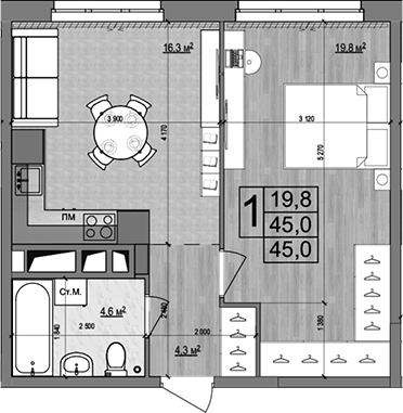 2-комн., 45 м², 3/18 этаж, ЖК «Гранд Комфорт»