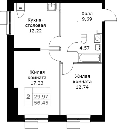 2-комн., 56.45 м², 16/25 этаж, ЖК «КИТ»