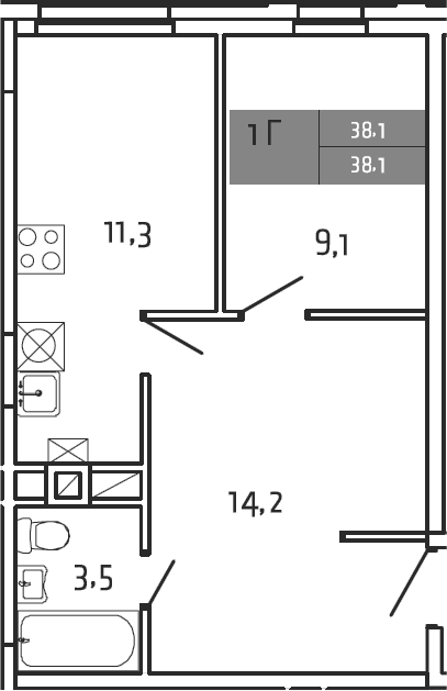 1-комн., 38.1 м², 1/4 этаж, ЖК «Южная Долина»