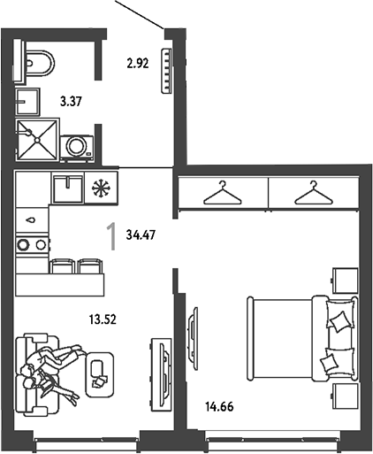 1-комн., 34.47 м², 15/25 этаж, ЖК «Страна.Парковая»