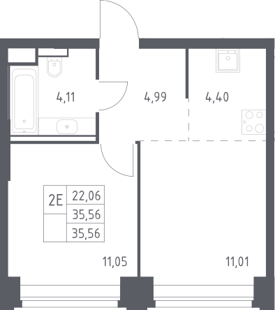 2-комн., 35.56 м², 20/32 этаж, ЖК «НОВА»