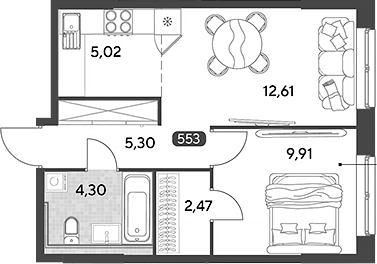 2-комн., 39.61 м², 1/25 этаж, ЖК «Космопарк»