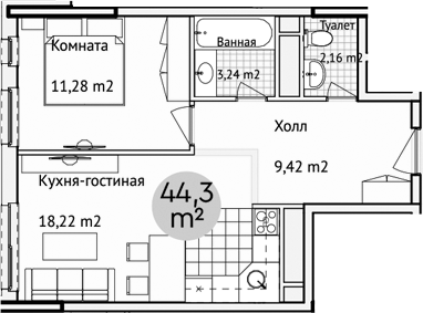 2-комн., 45.5 м², 11/16 этаж, ЖК «Адрес»