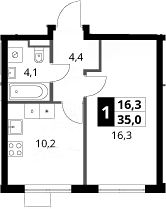 1-комн., 35 м², 13/16 этаж, ЖК «1-й Ясеневский»