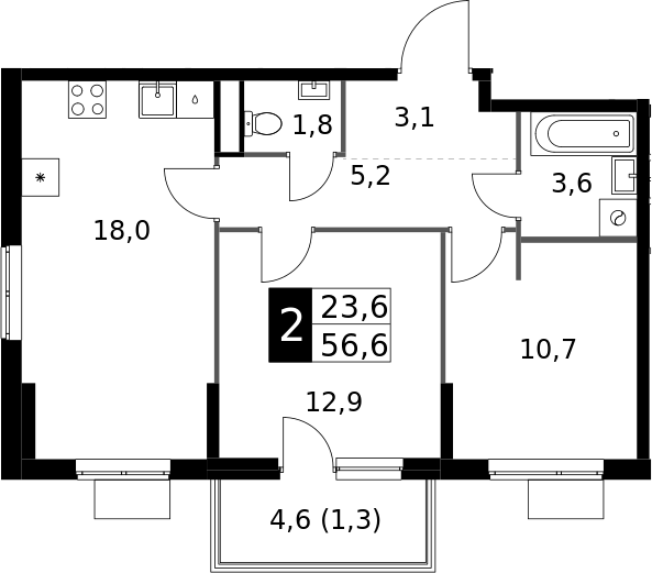 2-комн., 55.3 м², 18/24 этаж, ЖК «1-й Измайловский»