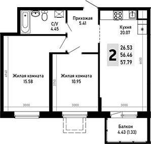 Продается 2-комн. квартира, 56.46 м²