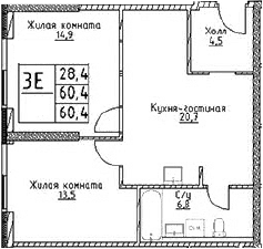 3-комн., 60.4 м², 2/29 этаж, ЖК «Наметкин Тауэр»
