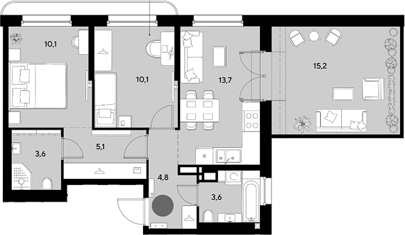 2-комн., 51 м², 10/18 этаж, ЖК «Грейд»