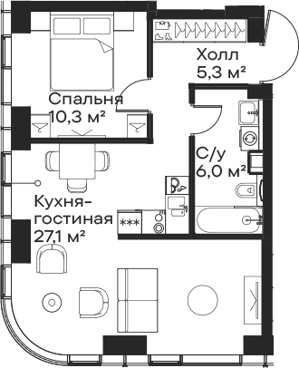 2-комн., 48.7 м², 23/59 этаж, ЖК «Сити Бэй»