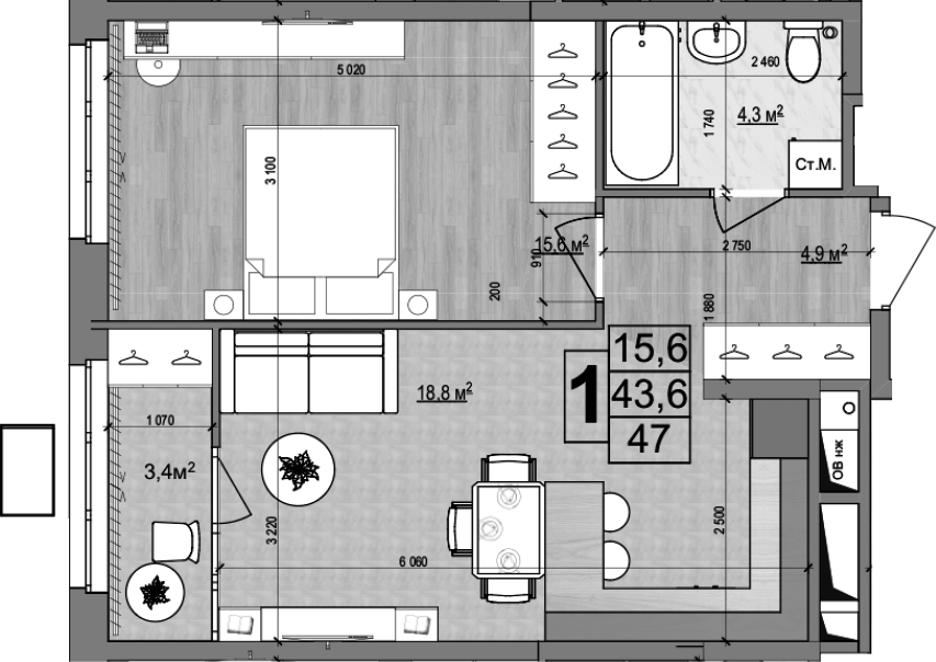 2-комн., 43.6 м², 13/18 этаж, ЖК «Гранд Комфорт»