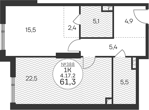 1-комн., 61.3 м², 17/33 этаж, ЖК «Клубный квартал КРЫЛАТСКАЯ 33»