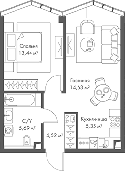 2-комн., 43.63 м², 12/24 этаж, ЖК «МИРА»